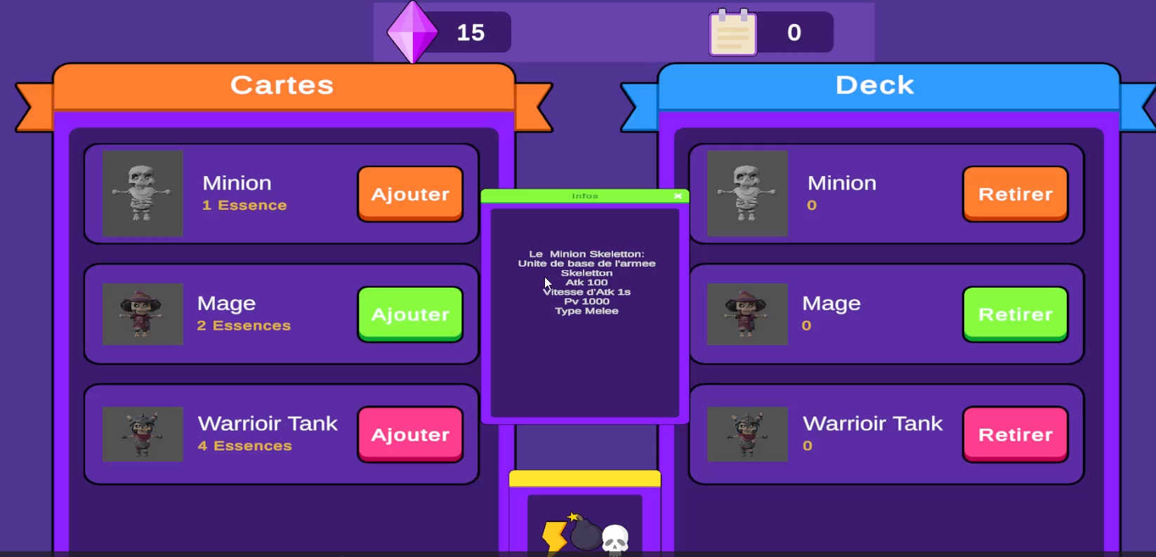 Écran de création de deck — Battle Clash